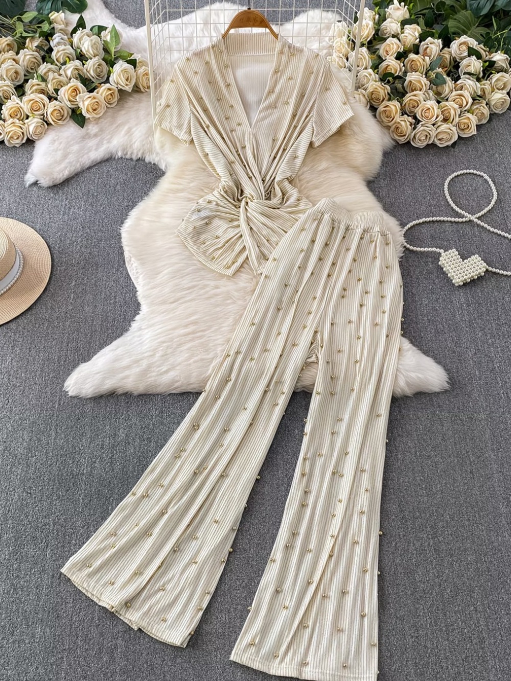 Pearl-Embellished Cream Wide-Leg Knit Jumpsuit Set